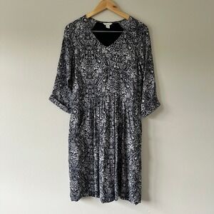 Garnet Hill Bohemian Pocket-Detail Dress Size 2 Navy‎ Paisley Print 3/4 Sleeve